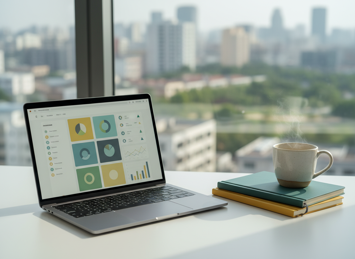 A minimalist, modern workspace representing a thoughtful personal brand: a clean white desk with a slim silver laptop open to an abstract dashboard of colorful but subtle icons and graphs. Beside it, a neatly stacked set of matte notebooks in muted teal, charcoal, and soft mustard rests next to a ceramic mug of herbal tea. The desk sits near a large window overlooking an out-of-focus urban landscape with hints of greenery. Soft morning daylight washes across the scene, creating gentle reflections on the laptop screen and faint shadows from the notebook edges. Photographic realism at eye level with a shallow depth of field, evoking a calm, professional, and focused atmosphere that suggests introspection, planning, and meaningful digital work without showing any people.