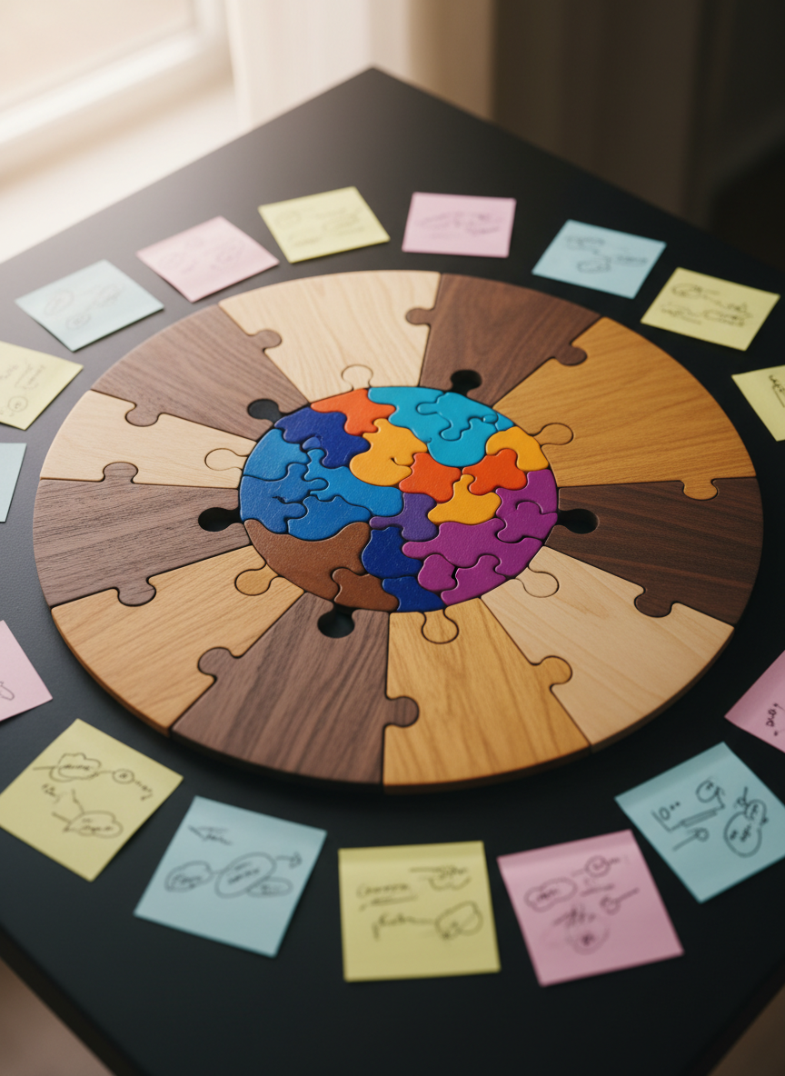 A symbolic representation of neurodiversity and inclusive community: a large, intricate puzzle made of smooth wooden pieces in different natural stains—walnut, maple, and birch—carefully assembled on a matte black table. In the center, several brightly painted pieces in blues, purples, and oranges form an abstract brain-like shape, their surfaces slightly glossy. Around the puzzle, colored sticky notes with faint, unreadable scribbles suggest ideas and plans. Soft, diffused daylight from a nearby window creates gentle highlights on the varied textures and mild shadows between the pieces. Shot from a slightly overhead angle in photographic realism, with a sharp focus on the central pattern and a subtle vignette, the mood feels thoughtful, inclusive, and optimistic, hinting at collaborative problem-solving and cognitive diversity without any human figures.