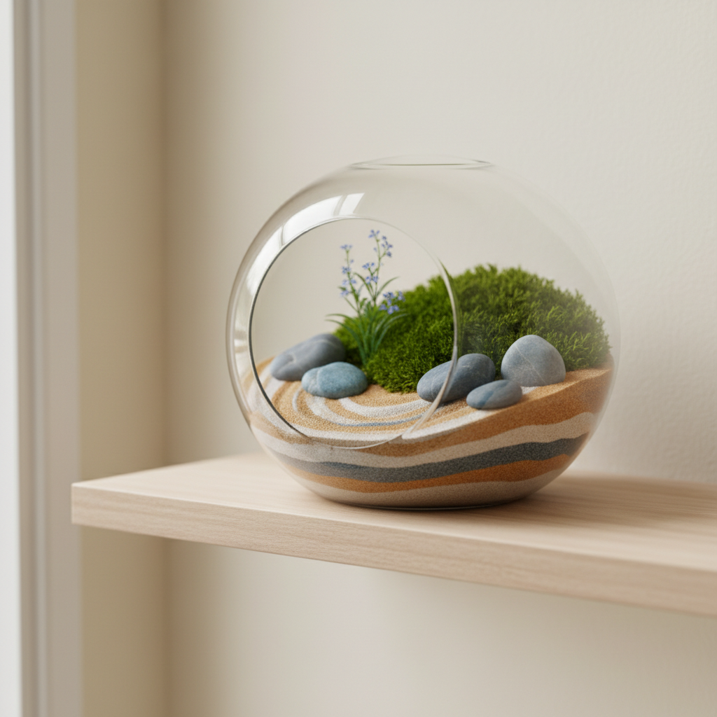 A visually rich metaphor for emotional intelligence and inner landscapes: a transparent glass terrarium shaped like a rounded dome, sitting on a simple light-wood shelf against a pale, neutral wall. Inside the terrarium, meticulously arranged layers of sand in muted earth tones form gentle, wave-like patterns. Small polished stones in cool grays and soft blues surround a tiny, thriving moss garden and a delicate, flowering miniature plant. Indirect natural light from an unseen window softly illuminates the scene, highlighting the textures of the moss and the subtle shine of the stones, while the background falls into a gentle blur. Captured in photographic realism with a close-up, eye-level composition, the mood feels introspective, calm, and nurturing, symbolizing internal growth, balance, and emotional nuance.