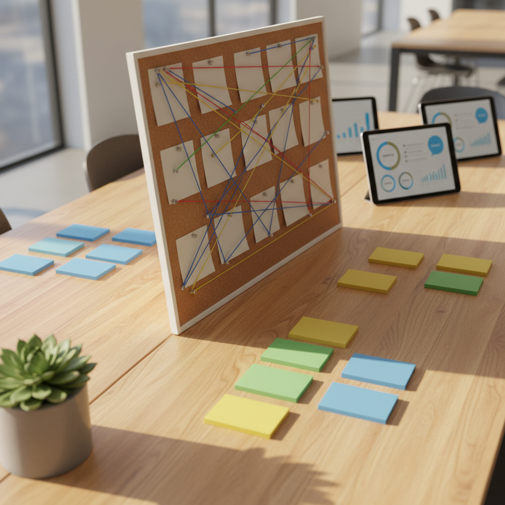 A community-building concept scene: a large, smooth wooden table scattered with carefully arranged objects representing collaboration and service. There are color-coded index cards laid out in clusters, a corkboard with pinned blank note cards and colored string forming web-like connections, and a few neatly organized digital tablets displaying abstract charts and messaging bubbles. A small, thriving succulent in a concrete planter anchors one corner, suggesting growth and grounding. Late afternoon sunlight streams in from the side, casting warm, long shadows across the table surface and giving a golden tint to the wood grain. Photographic realism from a high three-quarter angle with moderate depth of field, creating a dynamic yet orderly atmosphere that conveys planning, organizing, and collective impact while remaining free of any visible people.