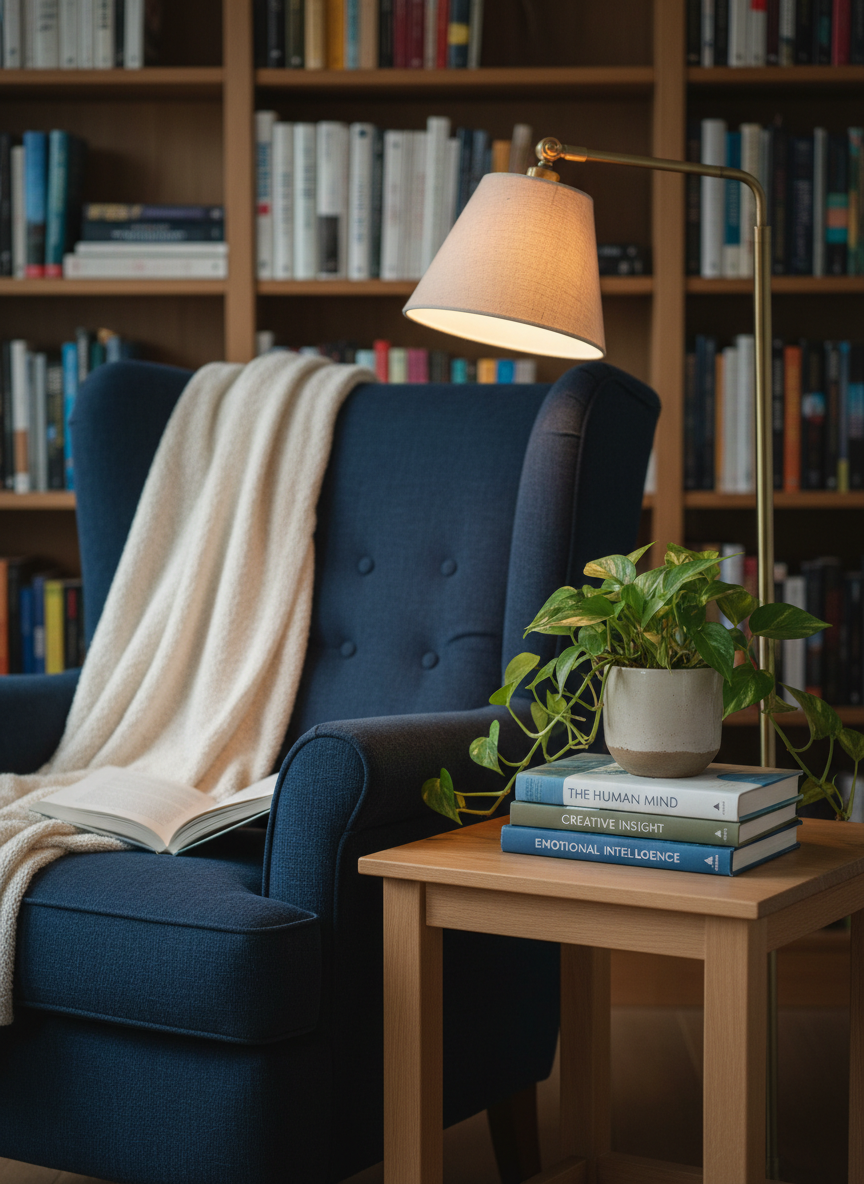 An inviting reading and reflection corner designed for an introspective, psychology-focused personal site: a deep navy armchair with a textured woven blanket draped over one side, positioned beside a light oak side table. On the table, a small stack of psychology and creativity-themed hardcover books with elegant, minimalist covers surrounds a simple ceramic planter holding a thriving leafy plant. A warm floor lamp with a linen shade casts soft, golden light across the pages of an open book, while distant shelves filled with neatly arranged books blur into the background. Photographic realism with a slightly elevated angle and balanced composition, creating a serene, contemplative mood that suggests study, emotional insight, and quiet personal growth, with no people present.