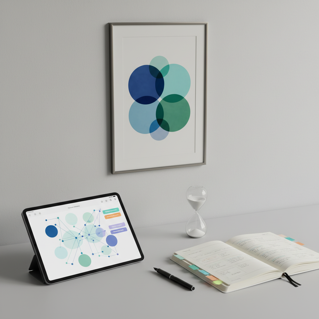 A future-focused clinical psychology workspace: a sleek, uncluttered desk with a slim tablet displaying an open digital note-taking app filled with neat, abstract notes and color-coded tags. Next to it, a spiral-bound research notebook with sticky tabs in muted pastels lies open, a fine-tip pen resting diagonally across the page. A small glass hourglass with flowing white sand stands nearby, symbolizing time and patience. The desk is placed against a softly textured light gray wall with a framed minimalist print of overlapping circles in blues and greens. Soft studio lighting creates even, gentle illumination with subtle shadows beneath each object. Photographic realism with a slightly elevated angle and crisp focus conveys professionalism, curiosity, and deliberate study, ideal for illustrating an emerging career in clinical psychology without showing any person.